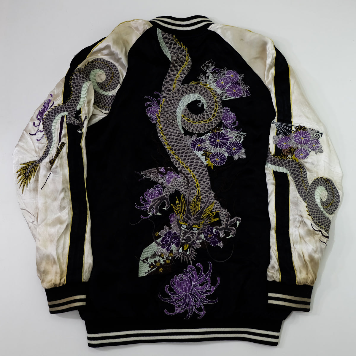 Miyabi Musubi Reversible Sukajan Jacket – Kingyo Goldfish Lotus & Twin Dragon Chrysanthemum Japanese Embroidery