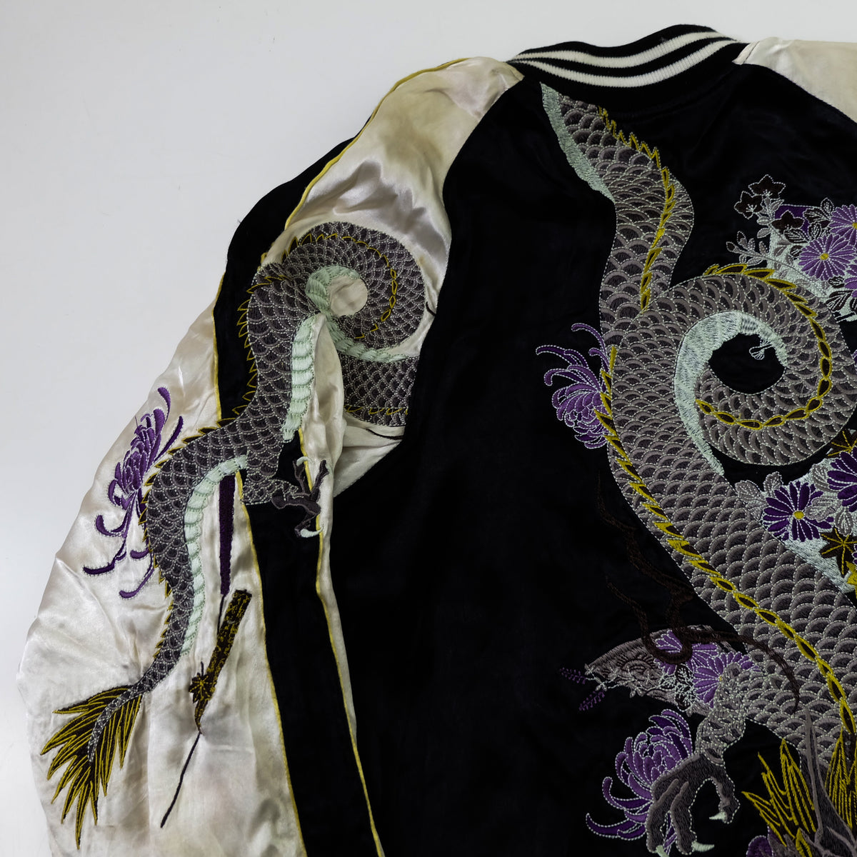 Miyabi Musubi Reversible Sukajan Jacket – Kingyo Goldfish Lotus & Twin Dragon Chrysanthemum Japanese Embroidery