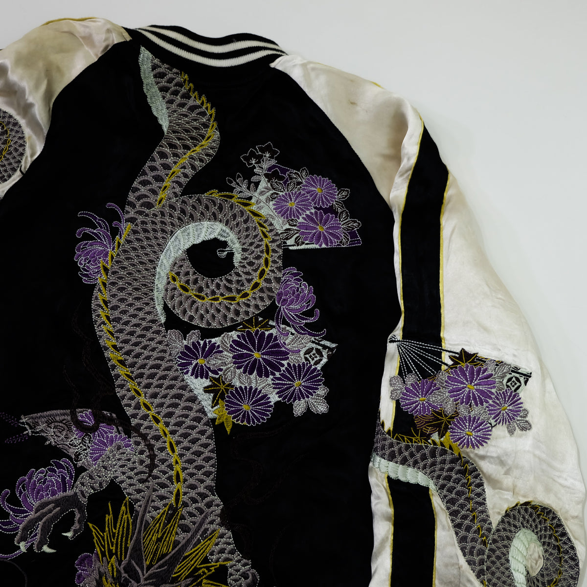 Miyabi Musubi Reversible Sukajan Jacket – Kingyo Goldfish Lotus & Twin Dragon Chrysanthemum Japanese Embroidery