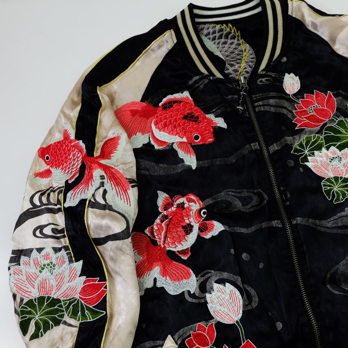 Miyabi Musubi Reversible Sukajan Jacket – Kingyo Goldfish Lotus & Twin Dragon Chrysanthemum Japanese Embroidery