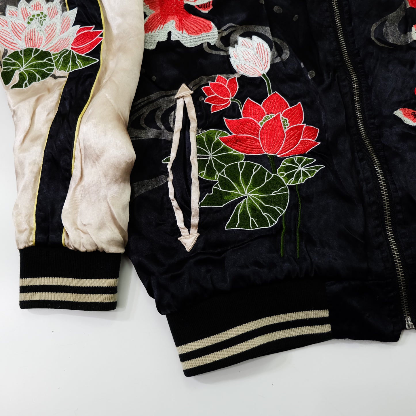 Miyabi Musubi Reversible Sukajan Jacket – Kingyo Goldfish Lotus & Twin Dragon Chrysanthemum Japanese Embroidery