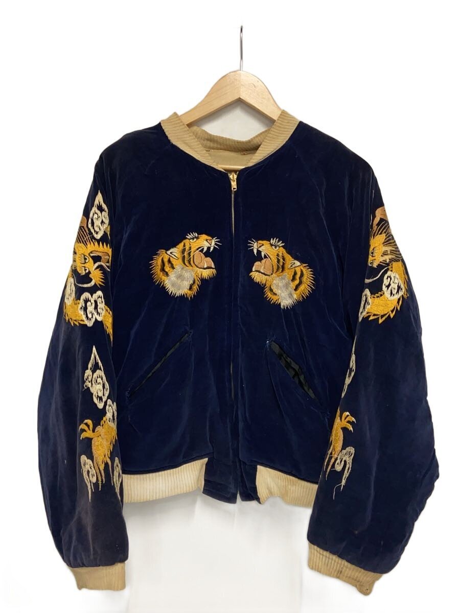 1950s Reversible Velveteen Sukajan, Tiger with Dragons on Navy, Hawk over Fuji in Ivory Satin, YKK, Size Large, view 1