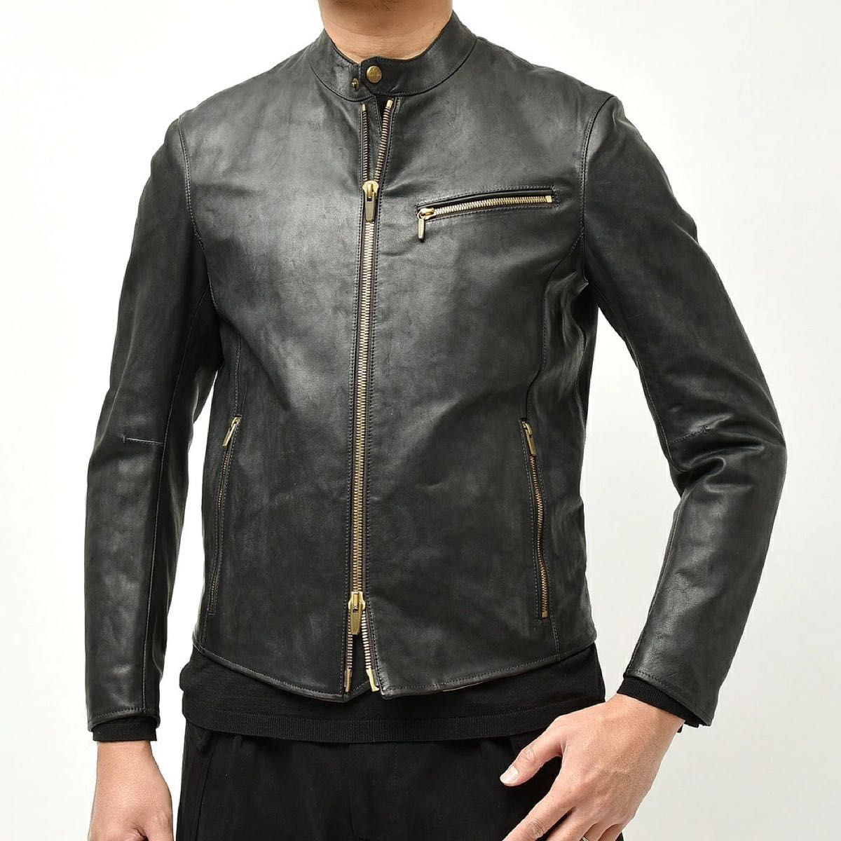 Ajmone Horsehide Single Riders Jacket, Black with Dark Green Lining, Brass Excella Zips, Size 46, Unworn, view 1