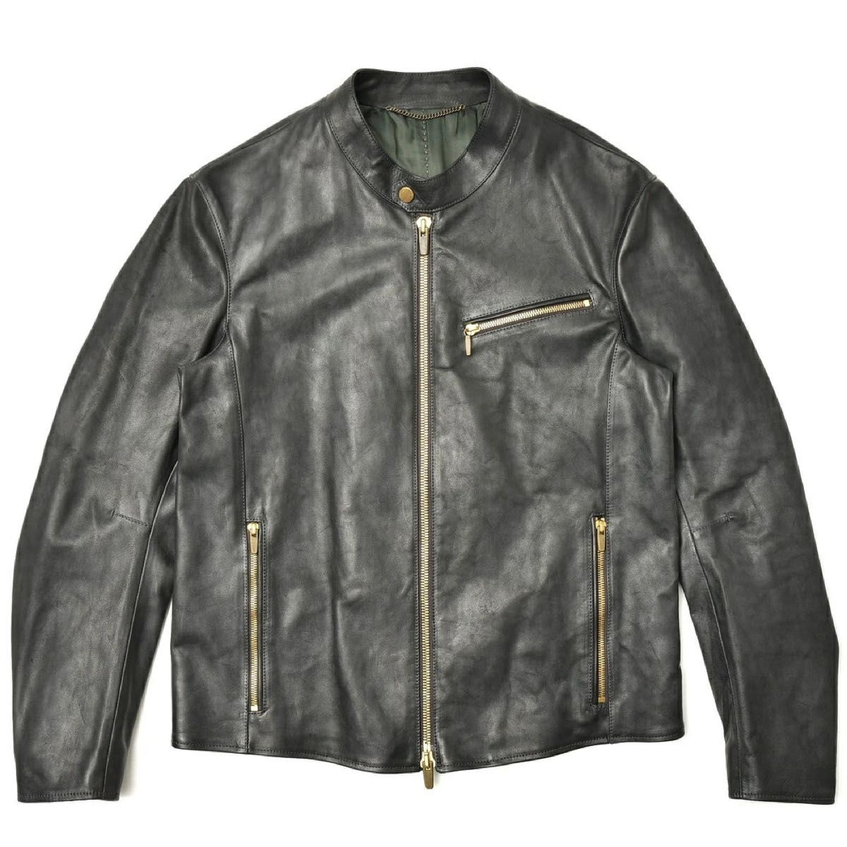 Ajmone Horsehide Single Riders Jacket, Black with Dark Green Lining, Brass Excella Zips, Size 46, Unworn, view 2