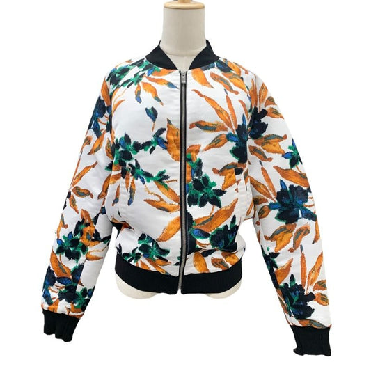 Balenciaga Floral Print Bomber Jacket, White with Orange and Green Leaves, Black Back Panel, Size 44, view 1