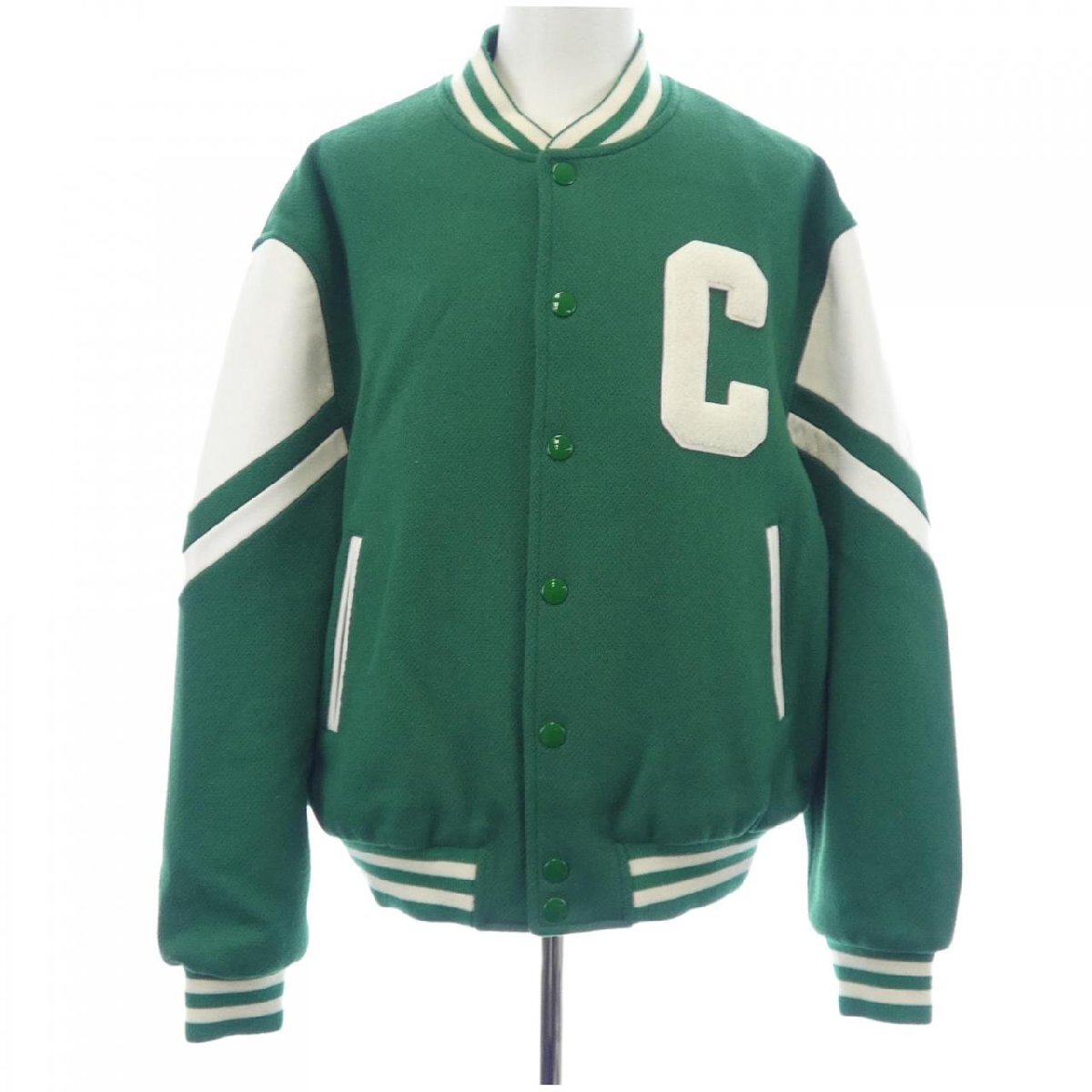Celine by Hedi Slimane Jackson Teddy Varsity Jacket 2V58N896C, Green Wool, Cream Lambskin Sleeves, C Patch, Size 48, view 1