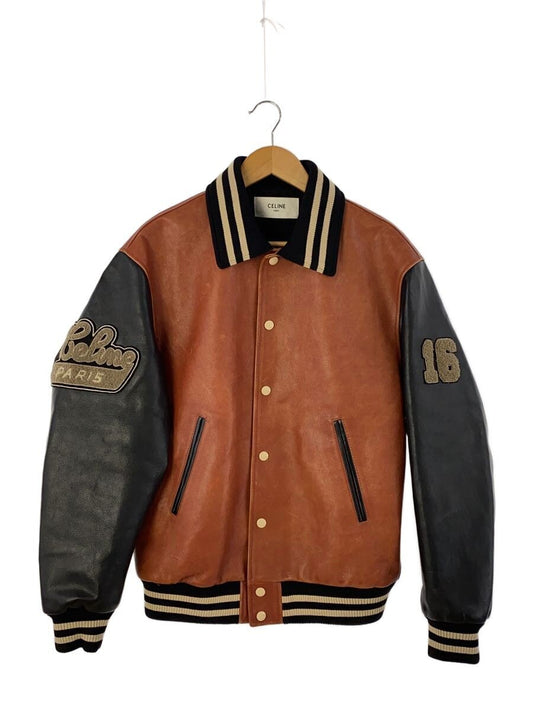 Celine by Hedi Slimane Leather Varsity Jacket 2E948131O, Tan and Black Cowhide with Celine Paris Patches, Size 44, view 1