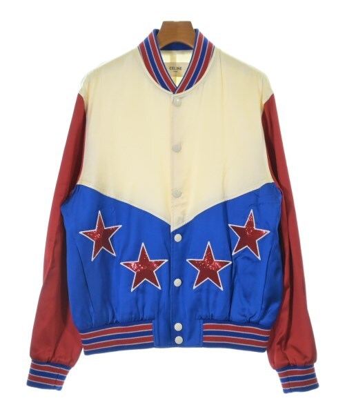 Celine by Hedi Slimane Satin Teddy Jacket with Sequinned Stars, Cream, Blue and Red, Size 46, view 1