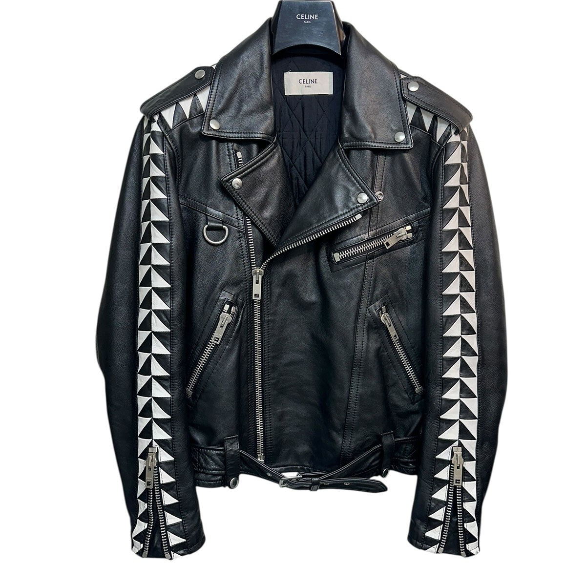 Celine by Hedi Slimane SS2022 Oversized Biker Jacket 2EA91599E with White Triangle Inlays, Black Calfskin, Size 44, view 1