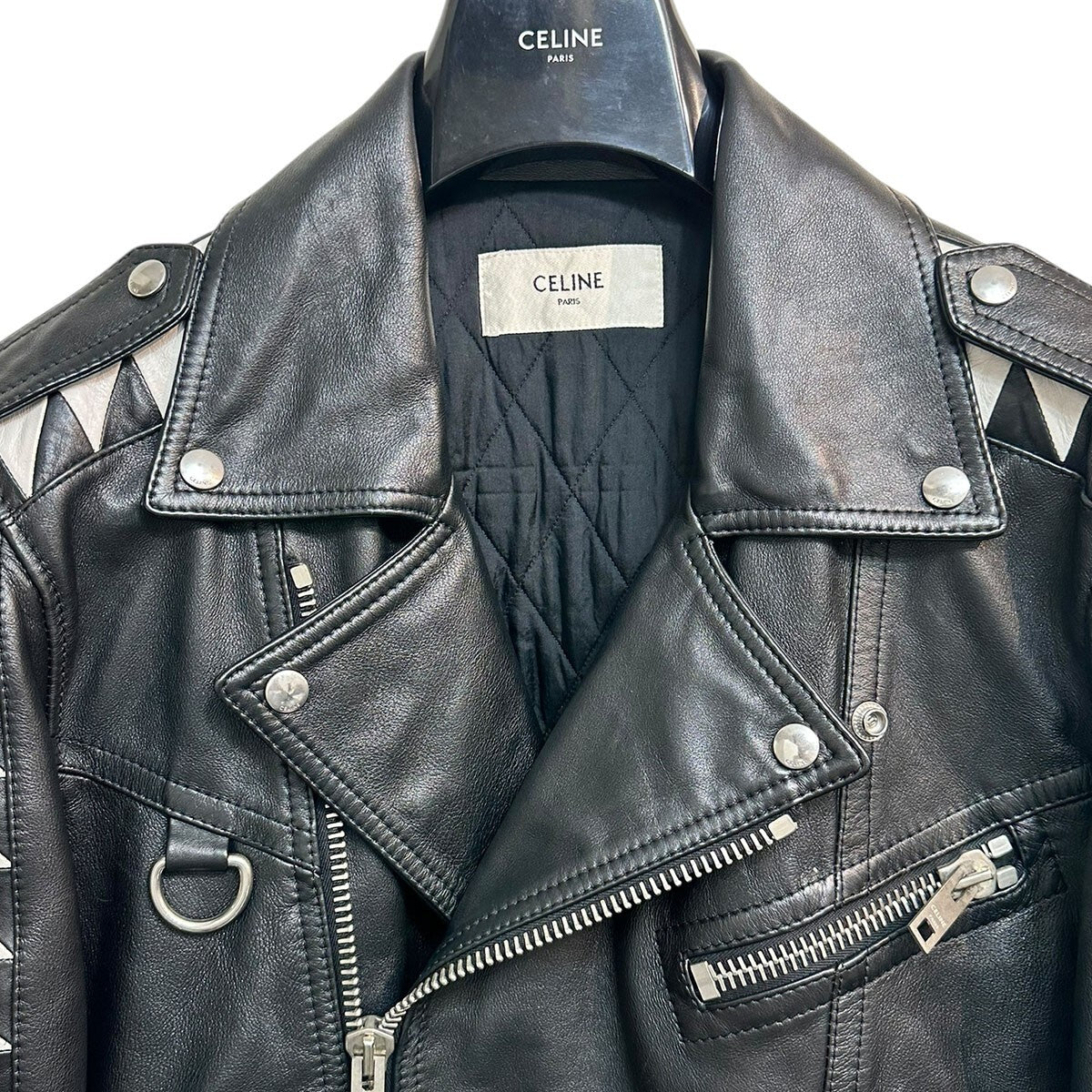 Celine by Hedi Slimane SS2022 Oversized Biker Jacket 2EA91599E with White Triangle Inlays, Black Calfskin, Size 44, view 2