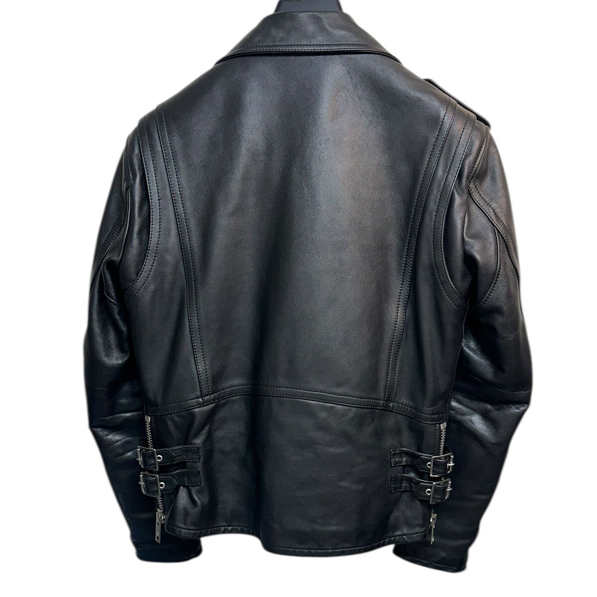 Celine by Hedi Slimane SS2022 Oversized Biker Jacket 2EA91599E with White Triangle Inlays, Black Calfskin, Size 44, view 3