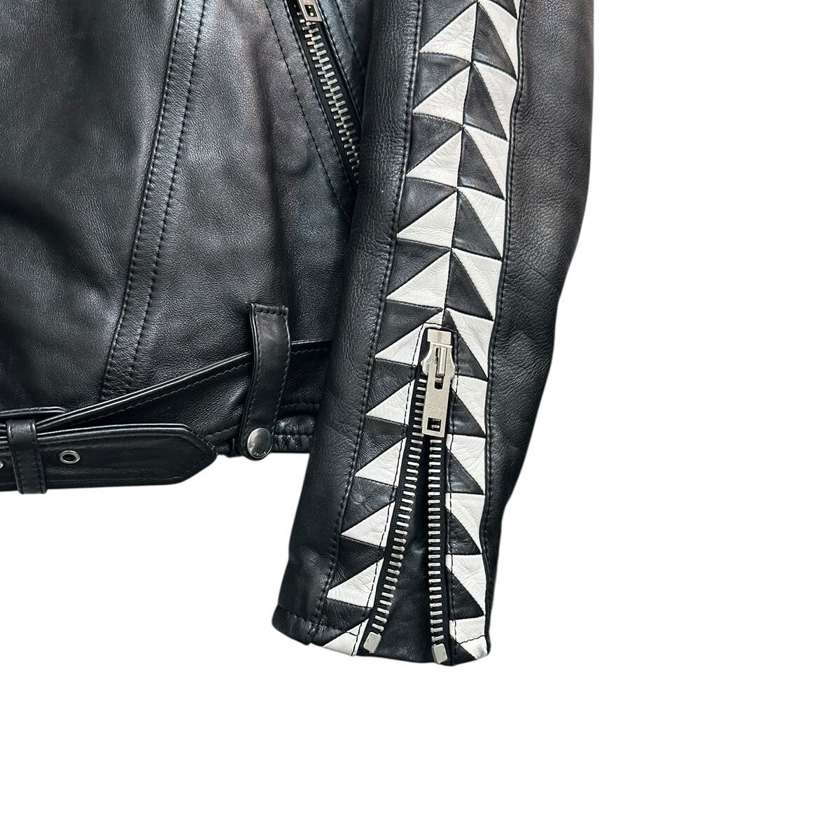 Celine by Hedi Slimane SS2022 Oversized Biker Jacket 2EA91599E with White Triangle Inlays, Black Calfskin, Size 44, view 4