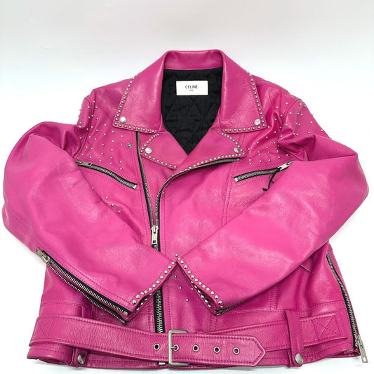 Celine by Hedi Slimane Studded Lambskin Rider Jacket 29AJC756Q, Fuchsia Pink, Size 48, Near Unworn, view 1