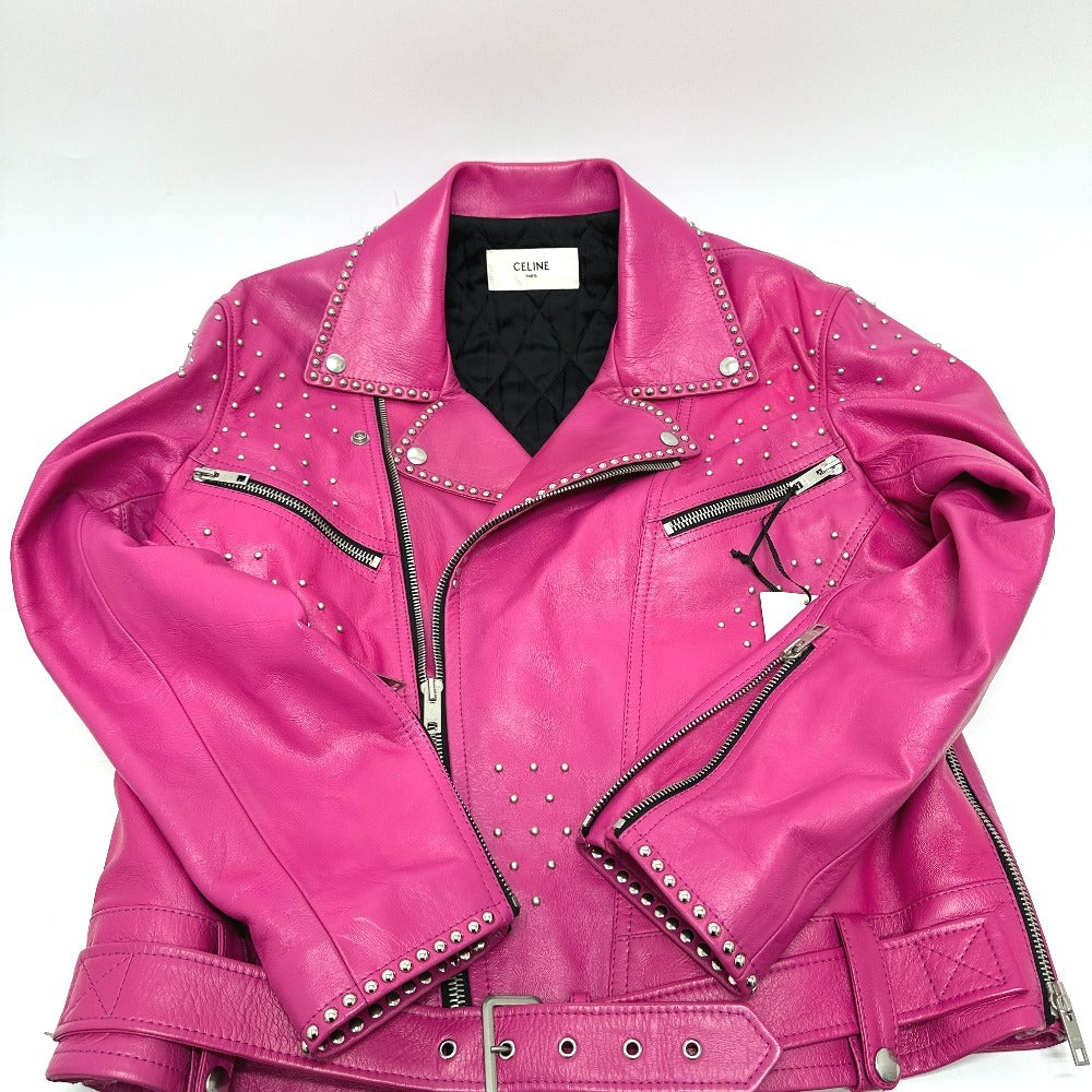 Celine by Hedi Slimane Studded Lambskin Rider Jacket 29AJC756Q, Fuchsia Pink, Size 48, Near Unworn, view 2