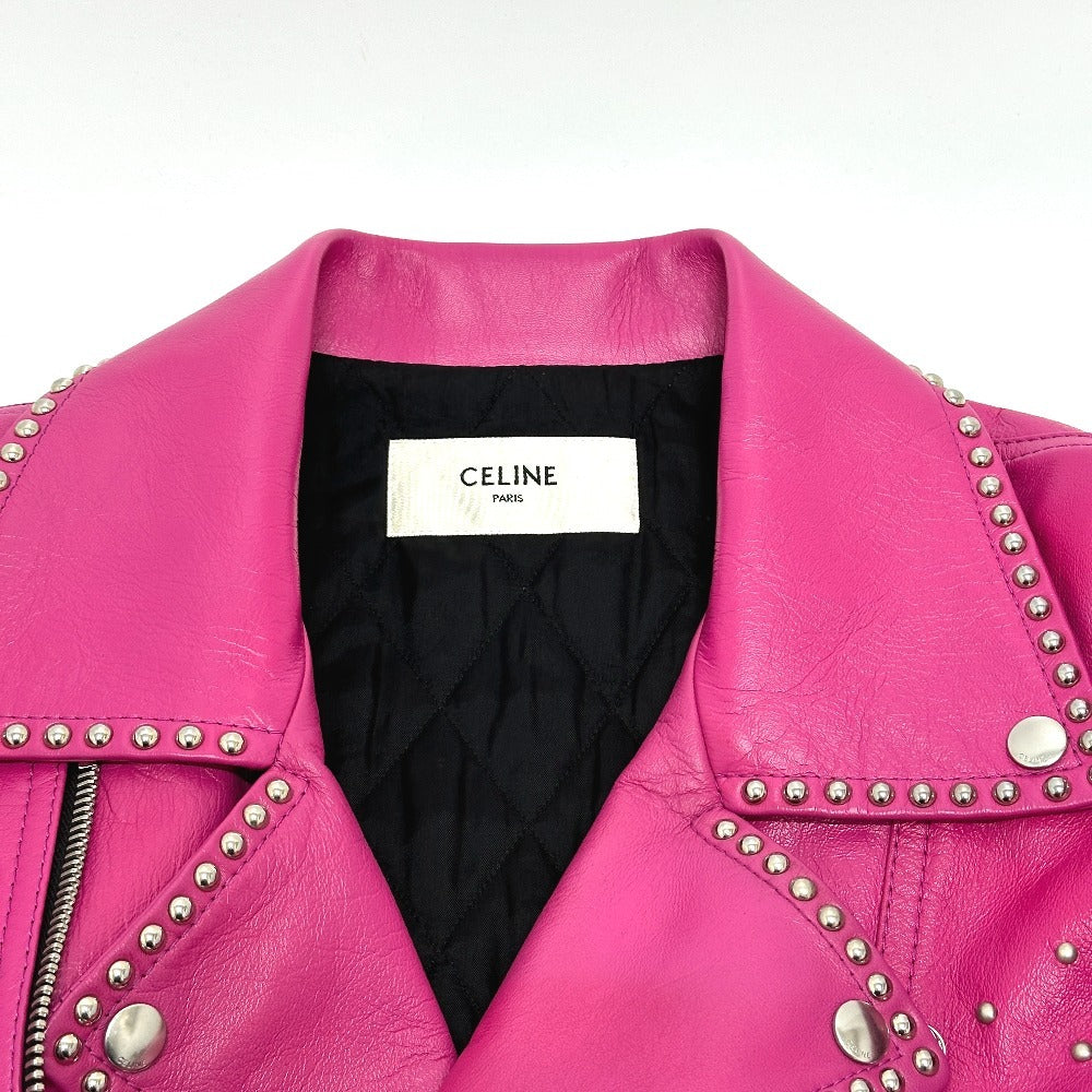Celine by Hedi Slimane Studded Lambskin Rider Jacket 29AJC756Q, Fuchsia Pink, Size 48, Near Unworn, view 4