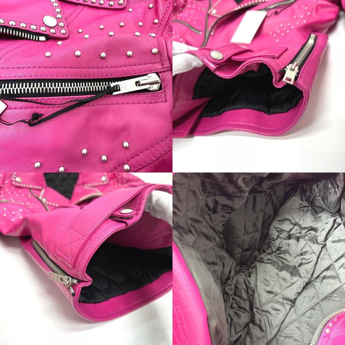 Celine by Hedi Slimane Studded Lambskin Rider Jacket 29AJC756Q, Fuchsia Pink, Size 48, Near Unworn, view 6