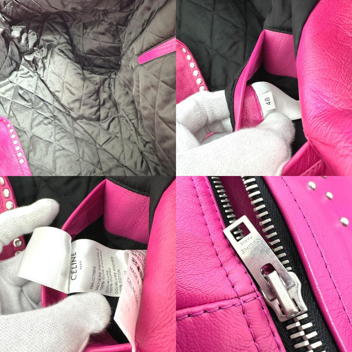 Celine by Hedi Slimane Studded Lambskin Rider Jacket 29AJC756Q, Fuchsia Pink, Size 48, Near Unworn, view 9