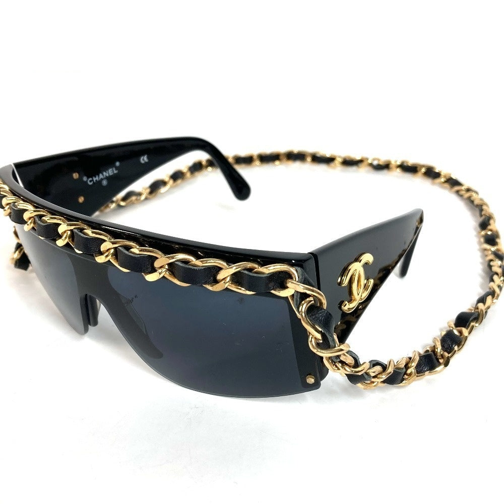 Chanel 01456 Vintage Chain Sunglasses, Leather-Threaded Gold Chain, Black Shield, 1990s Made in Italy, view 1