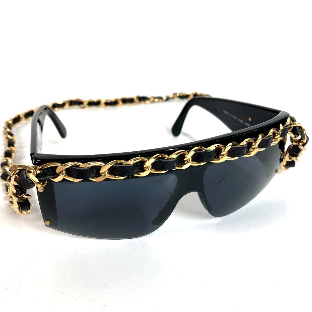Chanel 01456 Vintage Chain Sunglasses, Leather-Threaded Gold Chain, Black Shield, 1990s Made in Italy, view 2