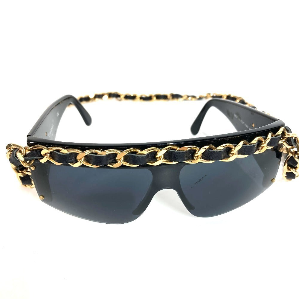 Chanel 01456 Vintage Chain Sunglasses, Leather-Threaded Gold Chain, Black Shield, 1990s Made in Italy, view 3