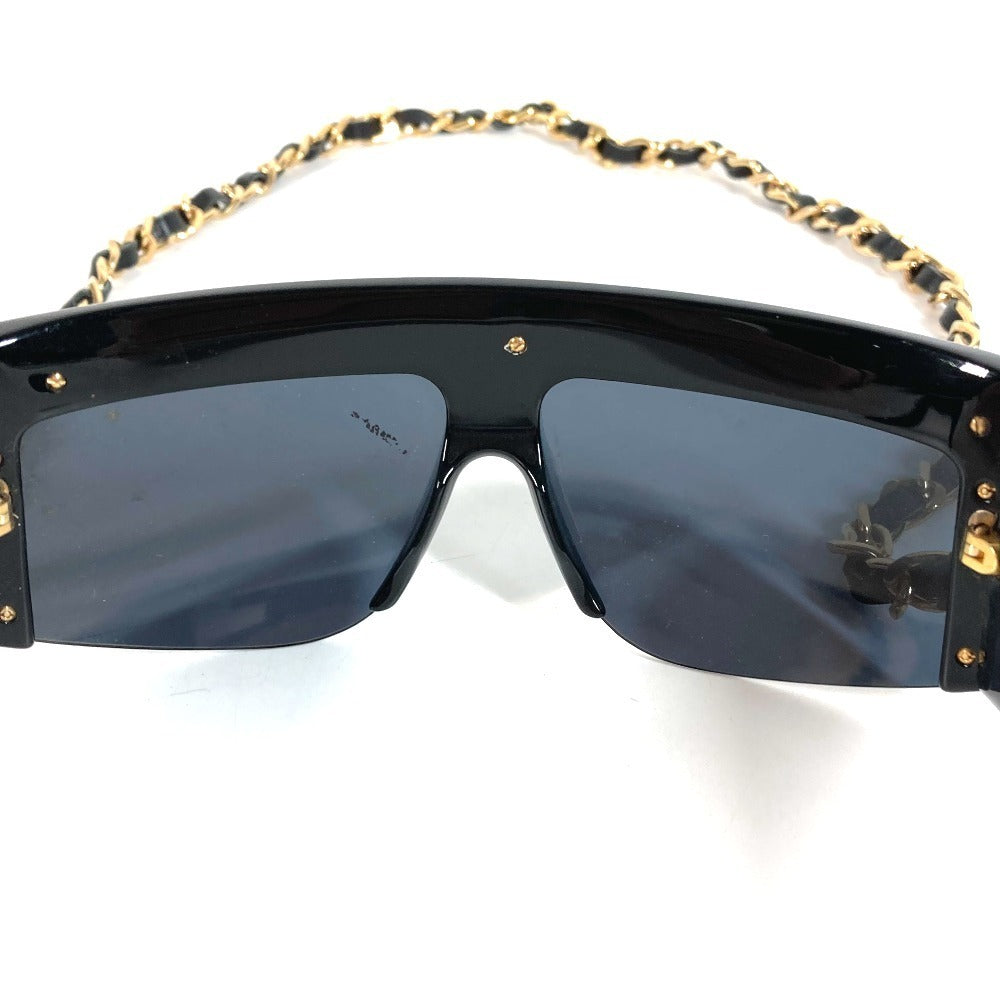 Chanel 01456 Vintage Chain Sunglasses, Leather-Threaded Gold Chain, Black Shield, 1990s Made in Italy, view 6