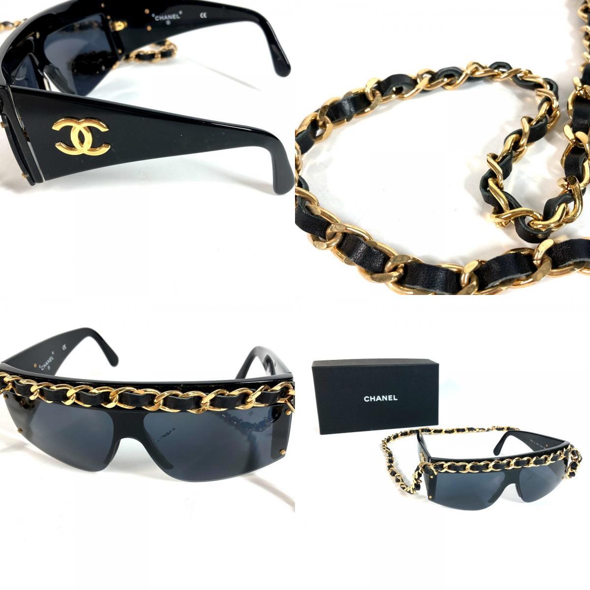 Chanel 01456 Vintage Chain Sunglasses, Leather-Threaded Gold Chain, Black Shield, 1990s Made in Italy, view 10