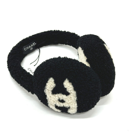 Chanel 25B CC Logo Shearling Earmuffs, Black with Ivory Interlocking CC, Unused with Tags, view 2