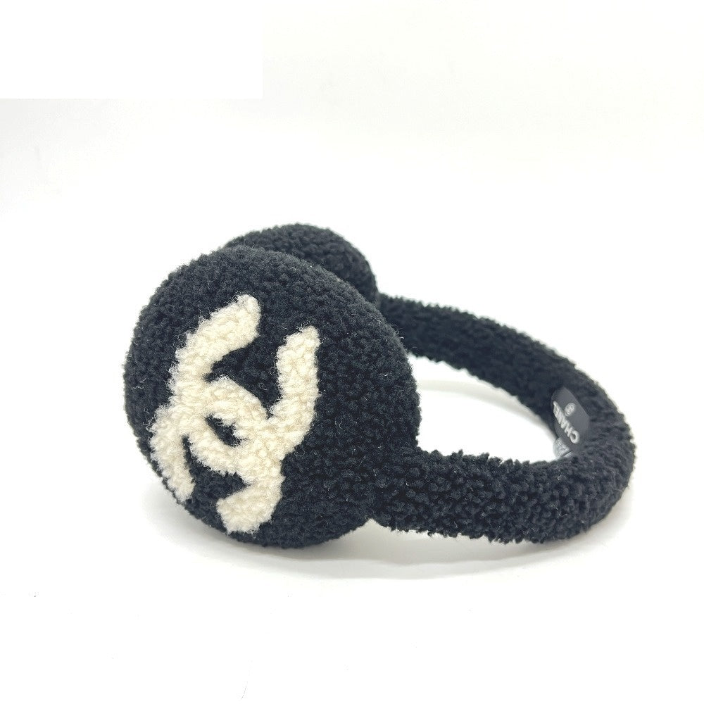 Chanel 25B Oversized CC Shearling Earmuffs, Black and Ivory, Like New with Box, view 1