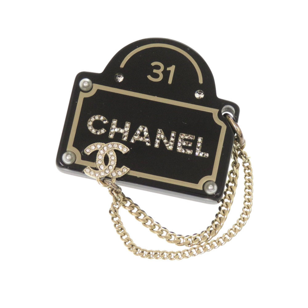 Chanel 31 Cambon Shop Sign Brooch, Black Resin, Chain and Crystal CC, Spring 2024 (24S), with Box, view 1