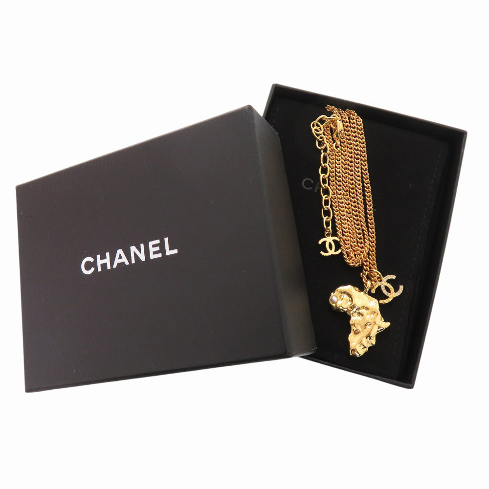 Chanel Africa Continent Pendant Necklace, Gold Tone, Faux Pearl and Crystals, with Box, view 2