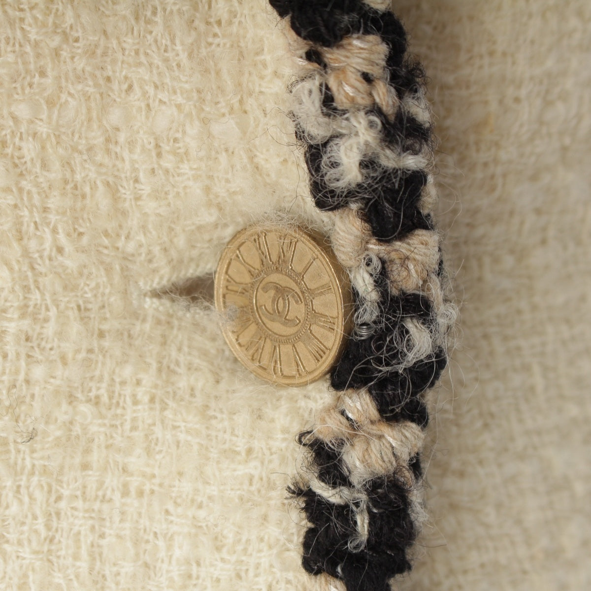 Chanel Autumn 2006 Ivory Tweed Jacket, Four Pockets, Black Braid Trim, CC Sunburst Buttons, Size 34, view 7