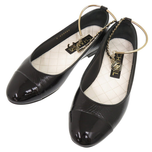 Chanel Ballet Flats with Ankle Chain Charms, Black Calfskin and Patent Cap Toe, Size 36½, view 1