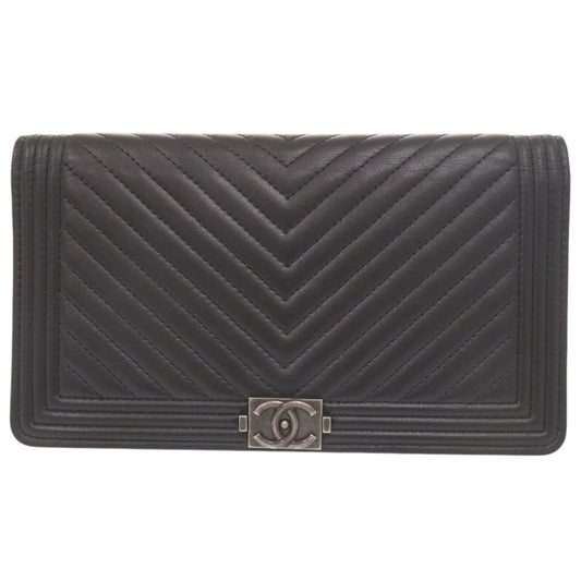 Chanel Boy Long Flap Wallet, Black Chevron Lambskin with Ruthenium Clasp, 26 Series, view 1