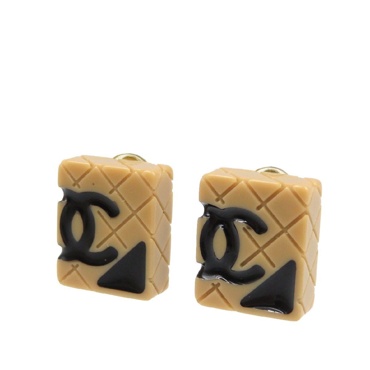 Chanel Cambon Line Quilted Square Clip-On Earrings, Beige and Black Resin, with Box, view 1