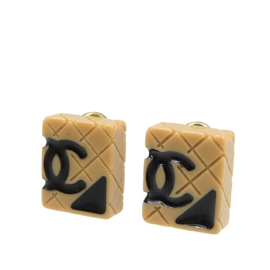 Chanel Cambon Line Quilted Square Clip-On Earrings, Beige and Black Resin, with Box, view 1