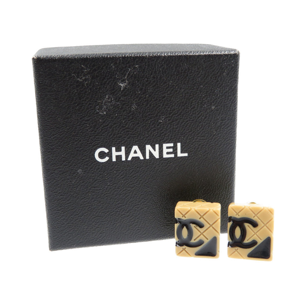 Chanel Cambon Line Quilted Square Clip-On Earrings, Beige and Black Resin, with Box, view 2