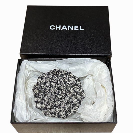 Chanel Camellia Corsage Brooch, Black and White Tweed, Boxed, view 1