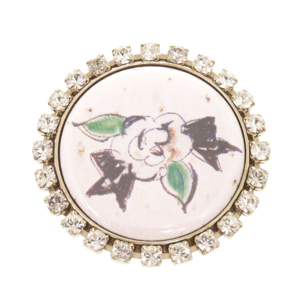 Chanel Camellia Drawing Round Brooch, White Cabochon with Crystal Border, Spring 2008 (08P), with Box, view 1