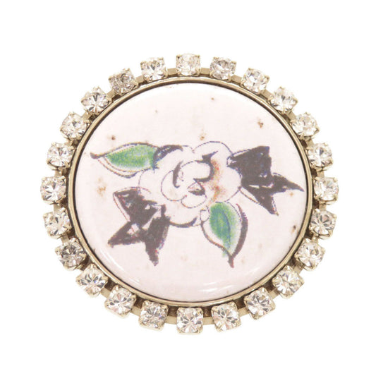 Chanel Camellia Drawing Round Brooch, White Cabochon with Crystal Border, Spring 2008 (08P), with Box, view 1