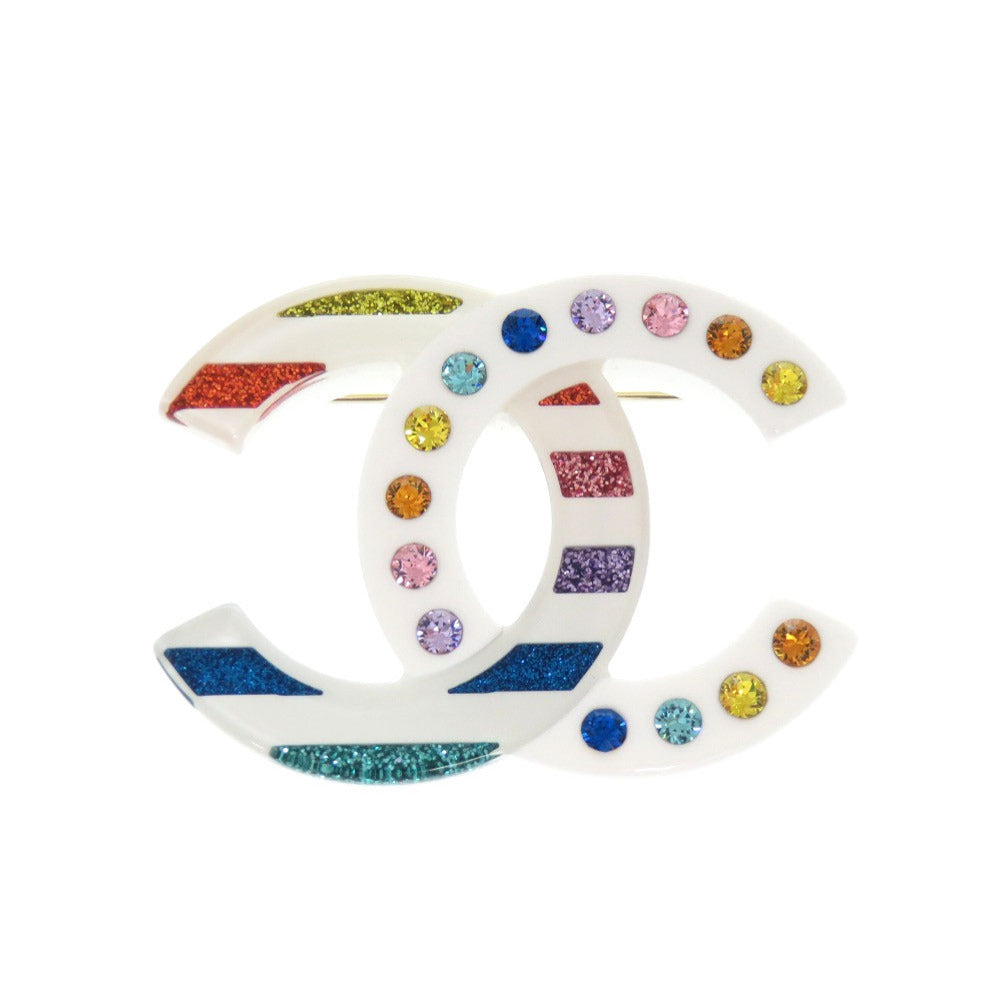Chanel CC Brooch, White Resin with Multicolour Glitter Stones, Cruise 2019 (19C)
