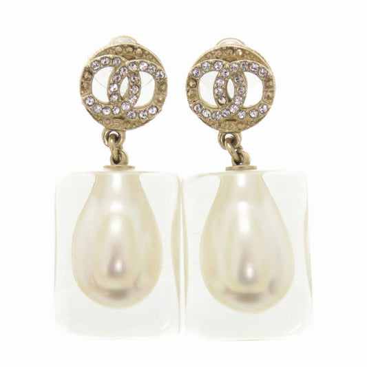 Chanel CC Crystal and Faux Pearl Drop Earrings, Pierced, Gold Tone, 2019 (P19K), view 1