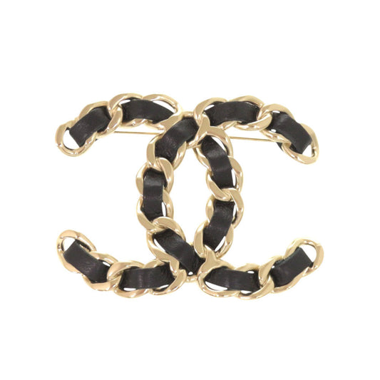 Chanel CC Leather-Woven Chain Brooch, Black and Gold Tone, view 1