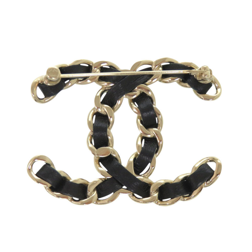 Chanel CC Leather-Woven Chain Brooch, Black and Gold Tone, view 2