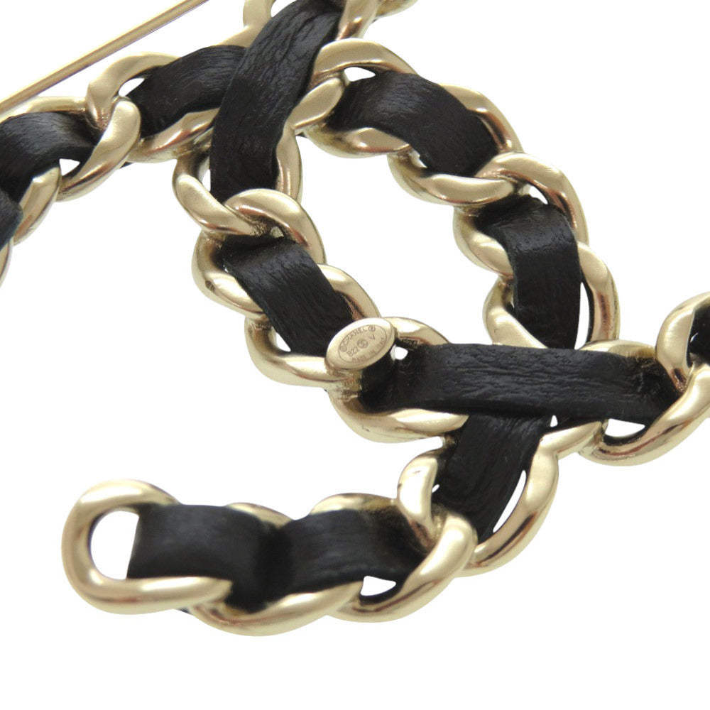 Chanel CC Leather-Woven Chain Brooch, Black and Gold Tone, view 3