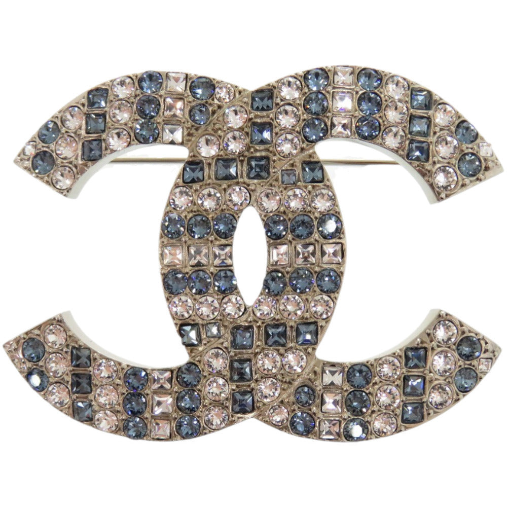 Chanel CC Pavé Crystal Brooch, Clear and Sapphire Blue, Silver Tone, with Box and Pouch, view 1