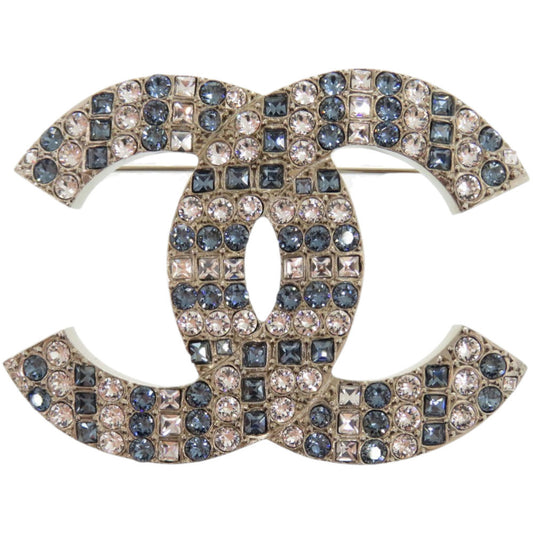 Chanel CC Pavé Crystal Brooch, Clear and Sapphire Blue, Silver Tone, with Box and Pouch, view 1