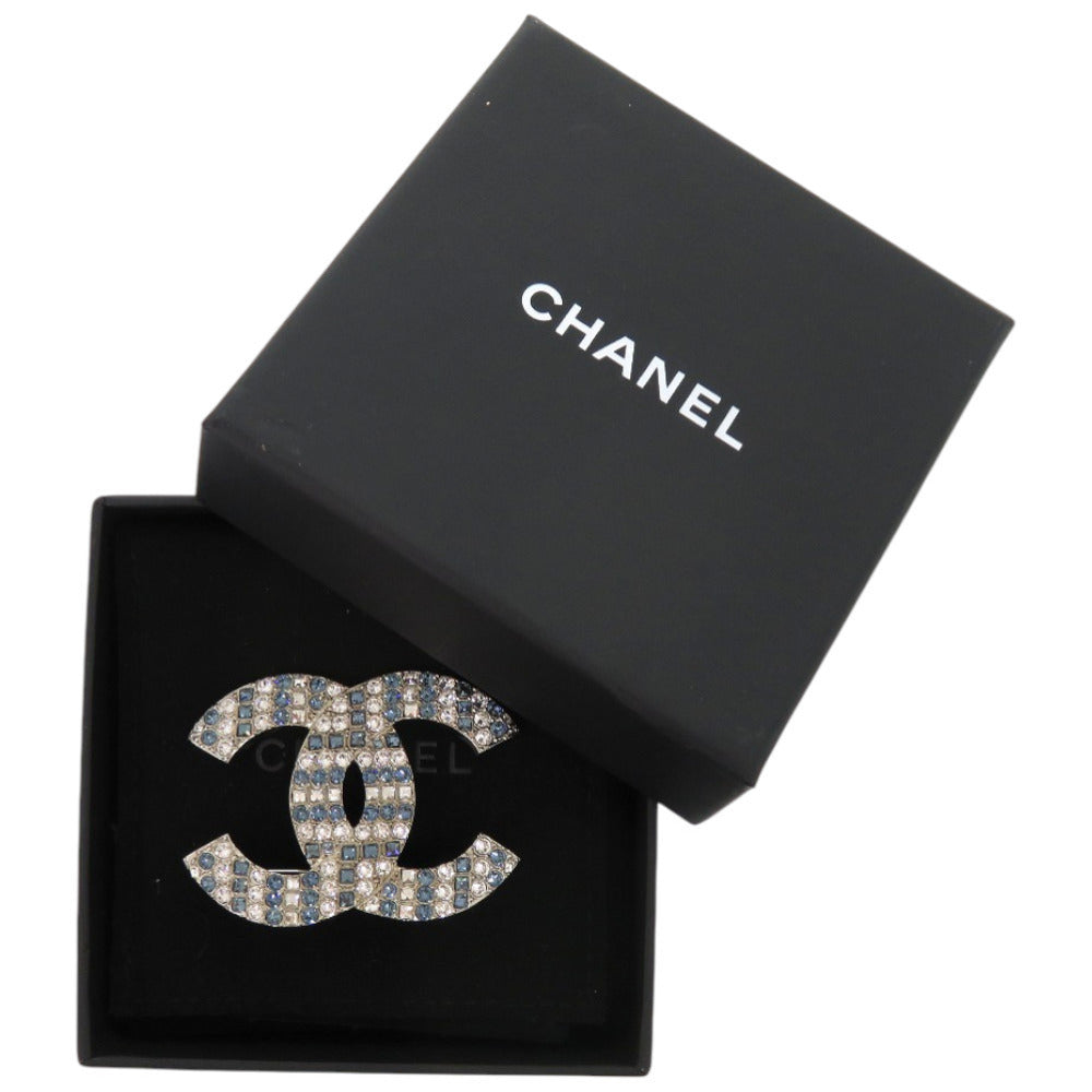 Chanel CC Pavé Crystal Brooch, Clear and Sapphire Blue, Silver Tone, with Box and Pouch, view 2