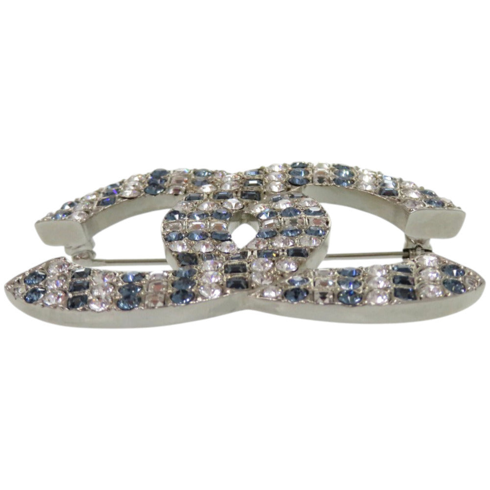 Chanel CC Pavé Crystal Brooch, Clear and Sapphire Blue, Silver Tone, with Box and Pouch, view 3