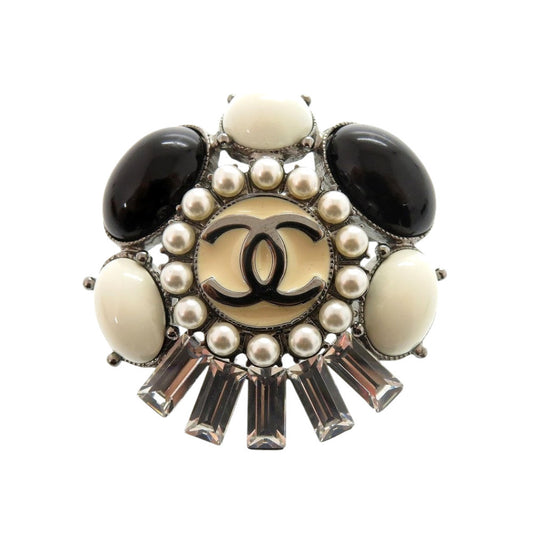 Chanel CC Brooch, Faux Pearls, Black Cabochons and Baguette Crystals, Silver Tone, with Box, view 1
