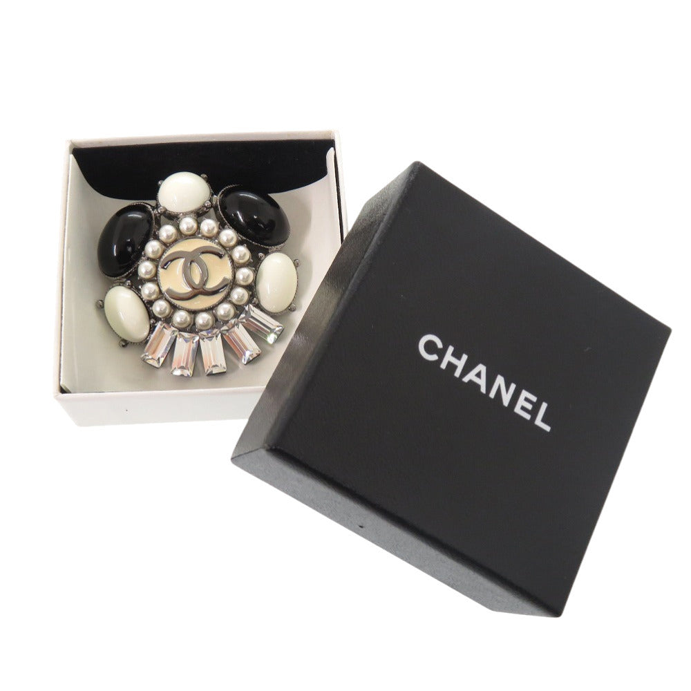 Chanel CC Brooch, Faux Pearls, Black Cabochons and Baguette Crystals, Silver Tone, with Box, view 2